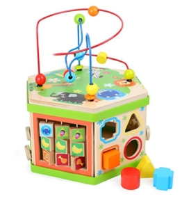 Motorikwürfel "Safari", Baby-Kinderspielzeug aus Holz, vielfältiges Spielerlebnis auf sieben Spielflächen, Tierwelt mit Motorikschleife, Schiebespiel und Rechenschieber, ab 12 Monate - 1